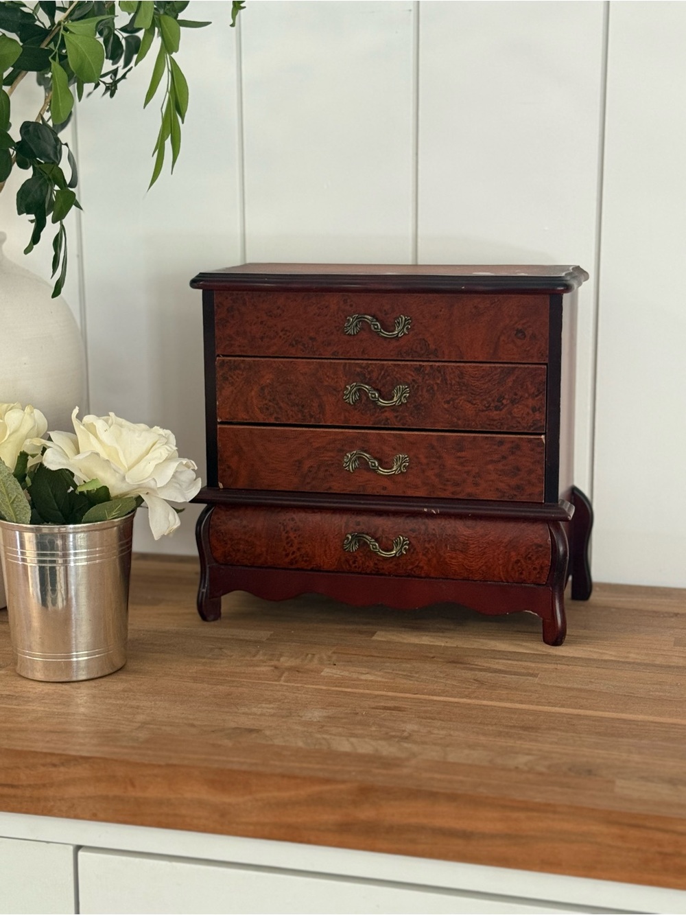 Vintage Burl Wood Jewelry Chest in Deep Mahogany Finish